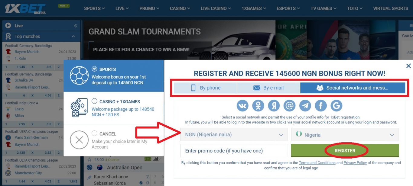 1xBet registration by your social network accounts